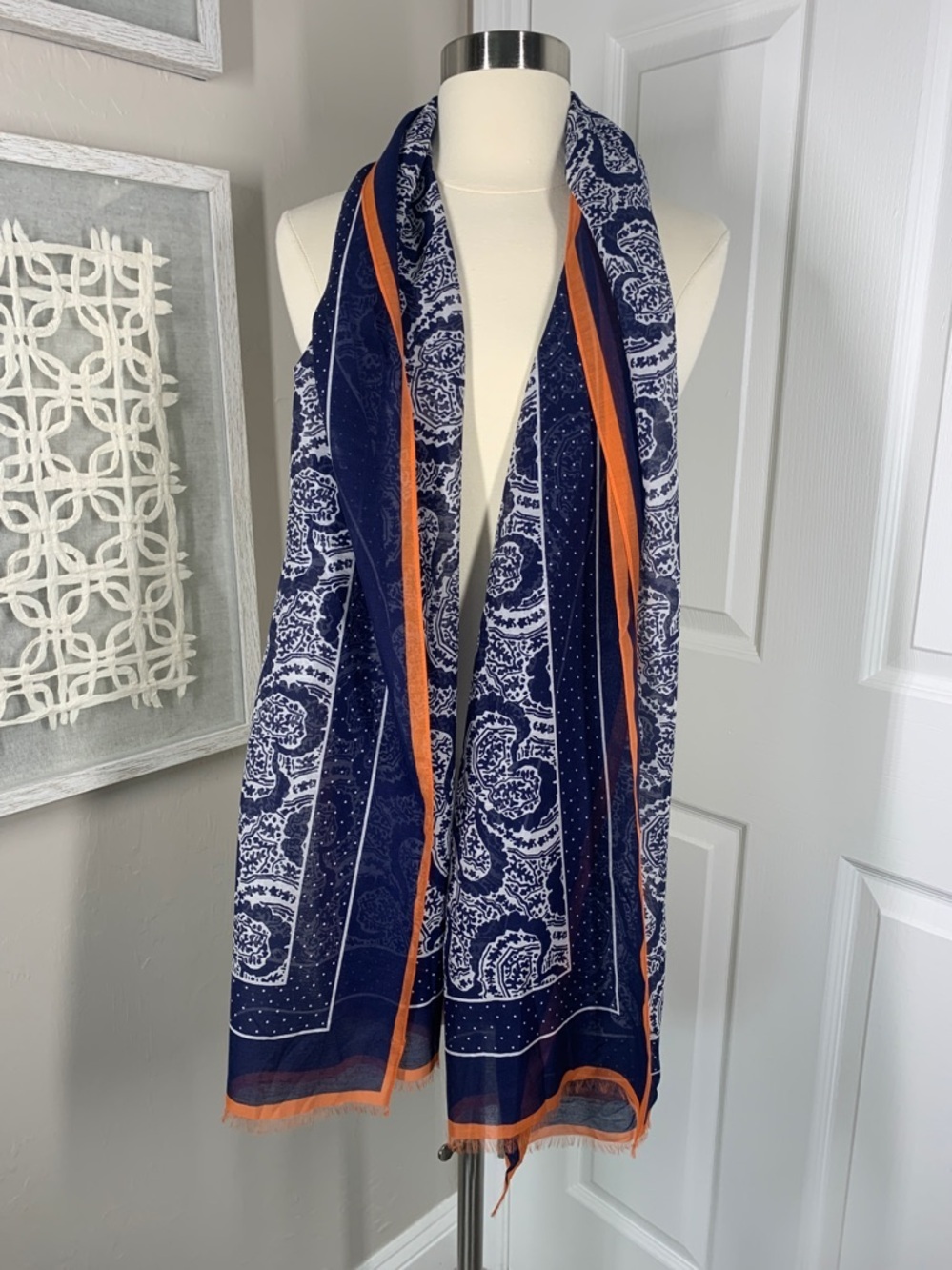 Navy blue and orange paisley and polka dot scarf
